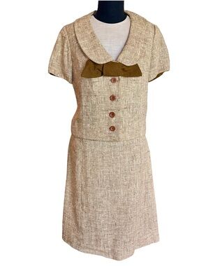 Vintage 1960s Sue Brett Tweed Style Dress and Jacket with Bow Size 6 Mod